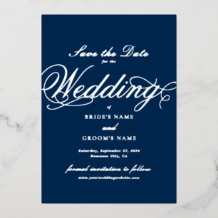 Echte Zilveren Folie Wedding Navy Blue Save the Da Uitnodiging