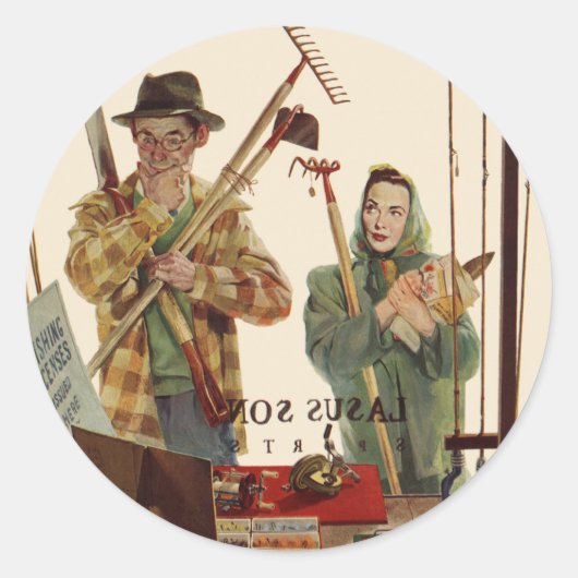 echtgenoot en vrouw met tuinbouwmiddelen ronde sticker (Voorkant)