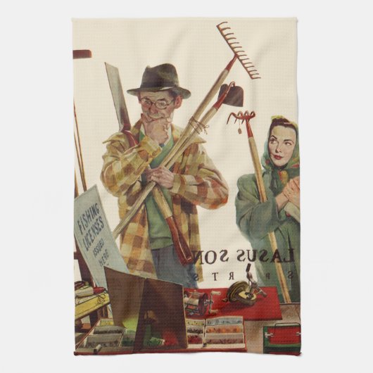 echtgenoot en vrouw met tuinbouwmiddelen theedoek (Verticaal)