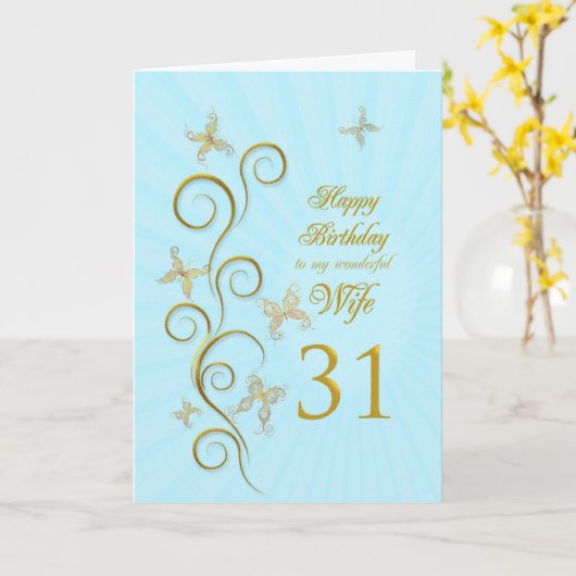 Echtgenote 31e verjaardag met gouden vlinders kaart (Gele Bloem)