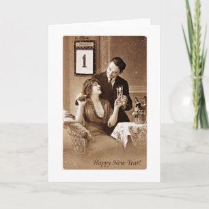 Echtpaar viert nieuwjaar met champagne, feestdagen kaart