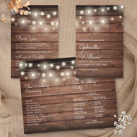 Éclairage à cordes Programme de mariage rustique e