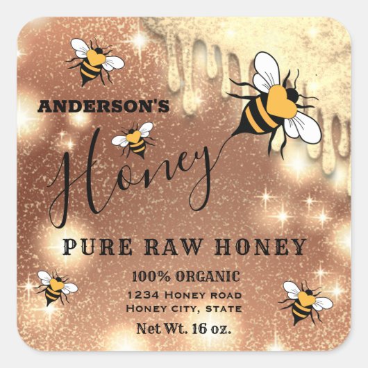 Éclairage gouttes Bee script miel jarre étiquette (Devant)