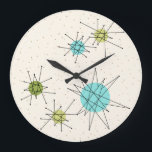 Éclats atomiques Iconiques Arrondi Mur Horloge<br><div class="desc">Cette étoile atomique Iconique Arrondi Acrylique motif mural dispose d'étoiles atomiques emblématiques. C'est vrai ! L'ancienne école, arrière - plan crème avec des taches d'or est la toile de fond parfaite pour le céleri turquoise, apaisant, et les cercles kitsch vert poire. Les taches de couleur sont sporadiquement placées dans différentes...</div>