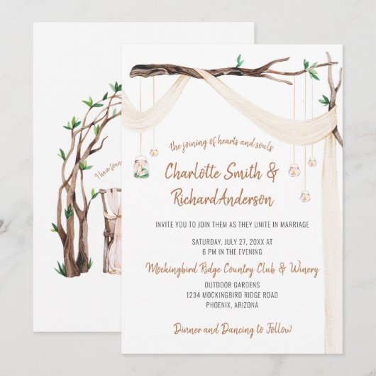 Eclectische Drape, Mason Jar Lights, Archway Weddi Kaart (Voorkant / Achterkant)