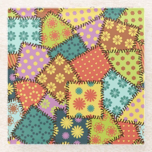 Eclectische Patchwork: Diverse Patroon Mix Glazen Onderzetter (Voorkant)