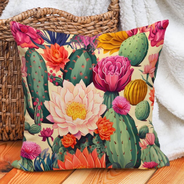 eclectische zuidwestelijke cactuswoestijn kussen (Colorful succulents and cactus pillow)