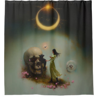 Eclipse Priestess Moon Occult Dark Witchy AI Art Douchegordijn