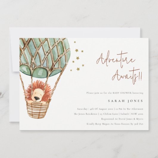 Eco Green Hot Air Ballon Lion Baby shower Uitnodig Bedankkaart (Voorkant)
