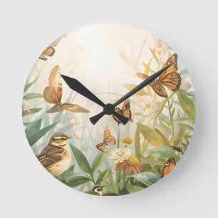Eco Natuur Wandklok – Waterverf Vogels, Planten & Ronde Klok