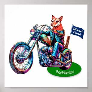 EcoMarlee mascotte paardrijden motorfiets met vlag Poster