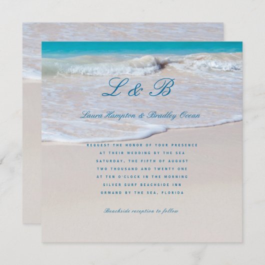 Écrit dans Sand Tropical Beach Wedding Invitation (Devant / Derrière)