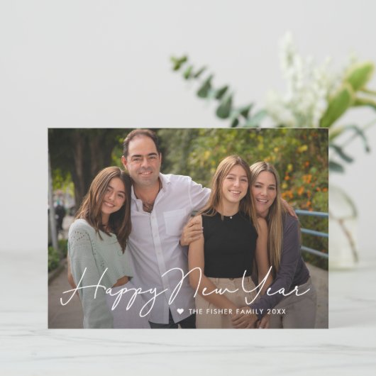 Écrit Simplement Heureux Carte photo du Nouvel An (Debout devant)