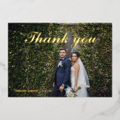 Écriture feuille or mariage photo carte de remerci (Recto)