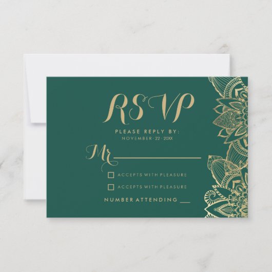 Écriture manuscrite mandala vert foncé or RSVP (Devant)
