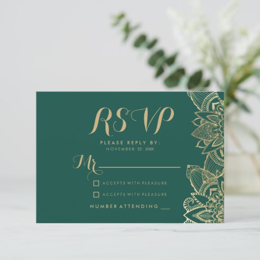 Écriture manuscrite mandala vert foncé or RSVP (Debout devant)