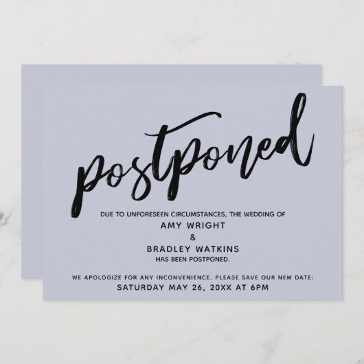 Écriture moderne Carte bleue Mariage reportée (Devant / Derrière)