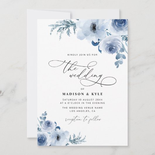 écriture moderne faire-part de mariage floral bleu (Devant)