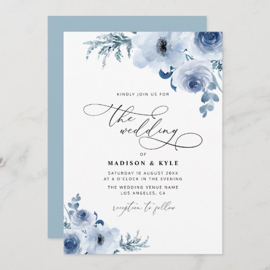 écriture moderne faire-part de mariage floral bleu (Devant / Derrière)
