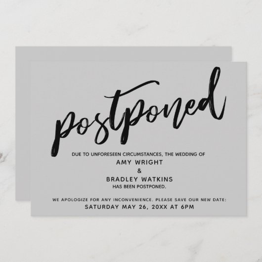 Écriture moderne Gris Reportée Carte Mariage (Devant / Derrière)