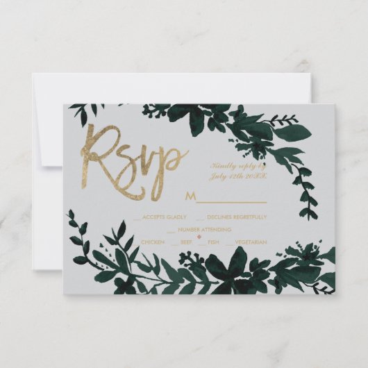 Écriture or chic Floral vert gris rsvp mariage (Devant)