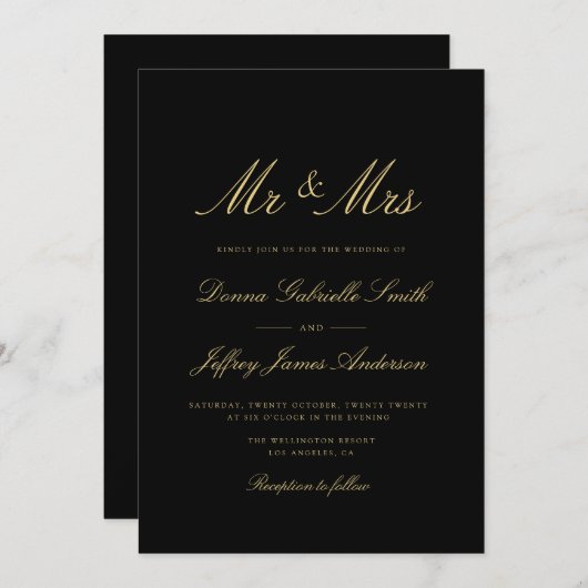 écriture or noir MR & MRS faire-part de mariage (Devant / Derrière)