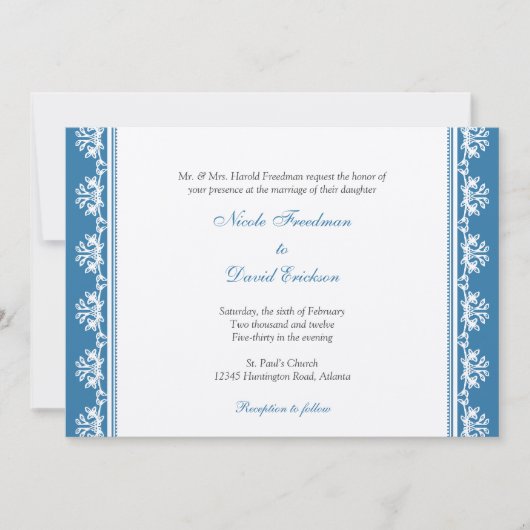 Ecru blue filigree bekaaide douane bruiloft kaart (Voorkant)