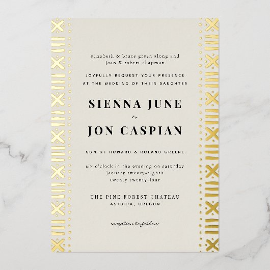 Ecru Boho Mudcloth Border Folie Uitnodiging (Voorkant)