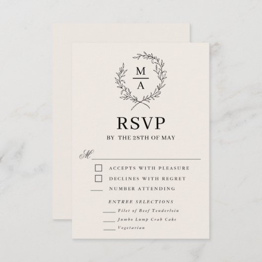 Écru clair Simple Élégant Monogramme RSVP et Repas (Devant / Derrière)