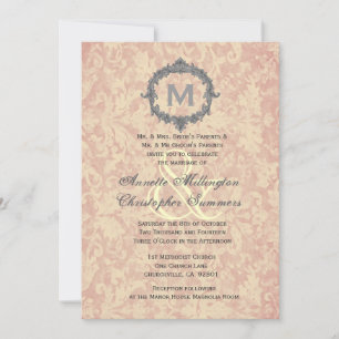 Ecru Damask Lijst Monogram Wedding V1 Kaart