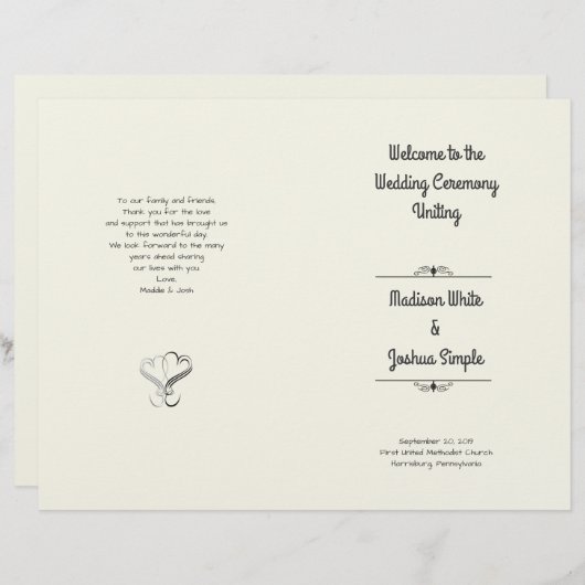 Ecru Hearts Folded Wedding Programme Modèle (Devant / Derrière)