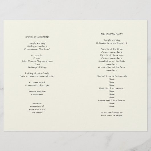 Ecru Hearts Folded Wedding Programme Modèle (Dos)