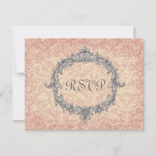 Ecru Peach Damask Vintage RSVP Mariage Réponse (Devant)