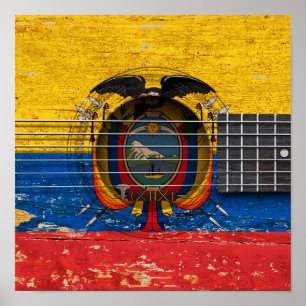 Ecuadoraanse vlag op de oude akoestische gitaar poster
