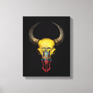 Ecuadoraanse vlagbull schedel op zwart canvas afdruk