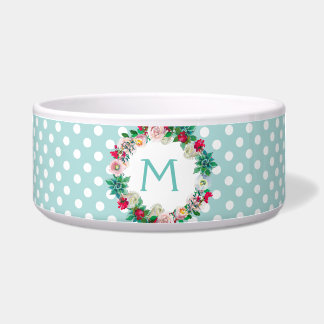Écuelle Aqua et pois blanc avec l'animal familier de