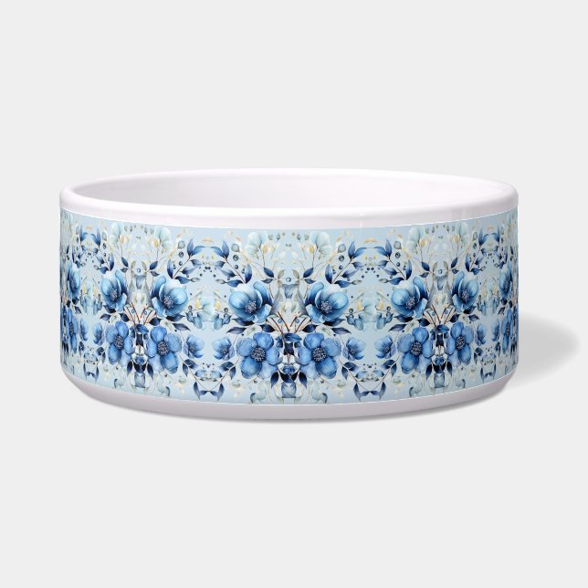 Écuelle Aquarelle Bleu Fleurs céramiques Pet Bowl (Devant)