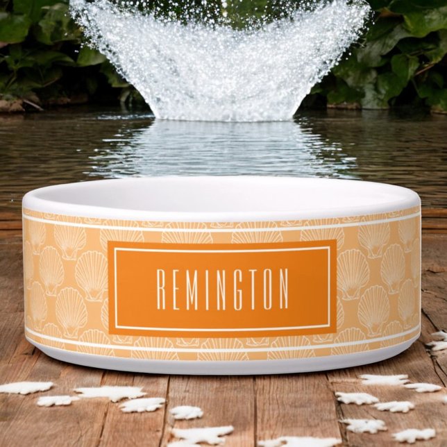 Écuelle Beach Sea Shell Motif Sur Orange Custom Pet Name (Sea shell pattern over orange with template text dog bowl)