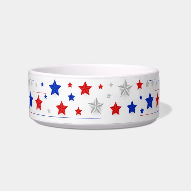 Écuelle Bol à nourriture pour animaux décoré d'étoiles (A decorative pet bowl adorned with red, white, and blue stars.)