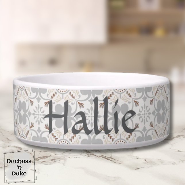 Écuelle Bol personnalisé en carreau espagnol gris pour ani (Pet Bowl - Gray Spanish Tile Personalized)