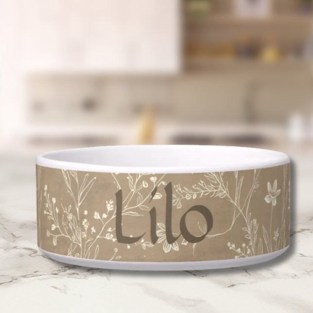 Écuelle Bol pour chien - Brun botanique, personnalisé (Personalized Brown Botanical Pet Bowl)
