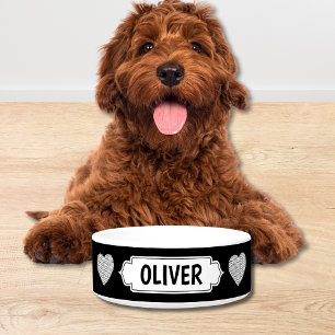 Écuelle Bol pour chien personnalisé avec nom en noir et bl