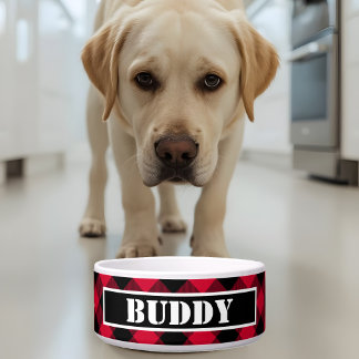 Écuelle Bold Buffalo Red Black Plaid Pattern Name Dog