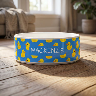 Écuelle Canard jaune mignon sur motif bleu personnalisé