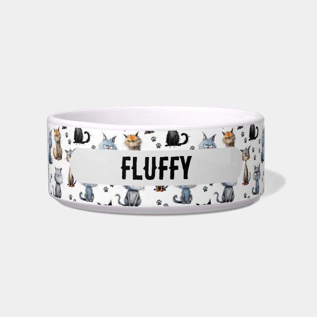 Écuelle Chats Avec Visages Grumpy Empreintes De Pattes Nom (Devant)