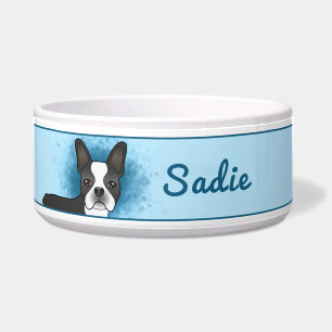 Écuelle Chien Boston Terrier noir et blanc sur fond bleu a