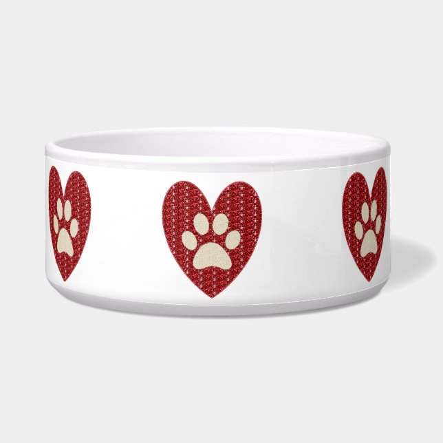 Écuelle Chien Bowl Paw Heart Rouge Parties scintillant bla (Devant)