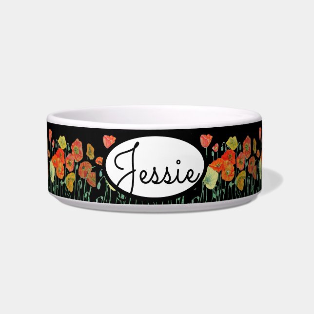 Écuelle Chien Chat Shabby Poppy Poppies Florales Nom de l' (Devant)