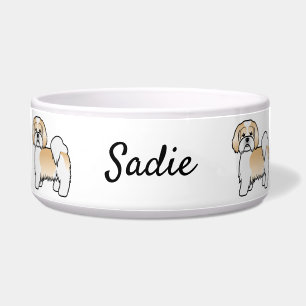 Écuelle Chien de dessin animé Lhasa Apso or et blanc & nom