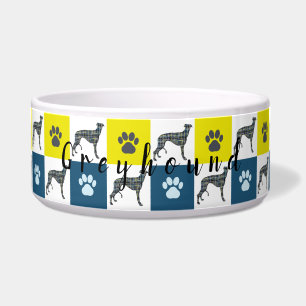 Écuelle Chien gris et mâcher jaune et bleu quadrillage de